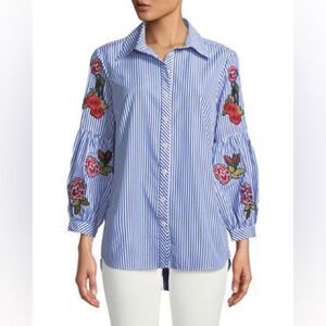 Neiman Marcus Medium Rose Floral Embroidered Navy Blue White Stripped Blouse
